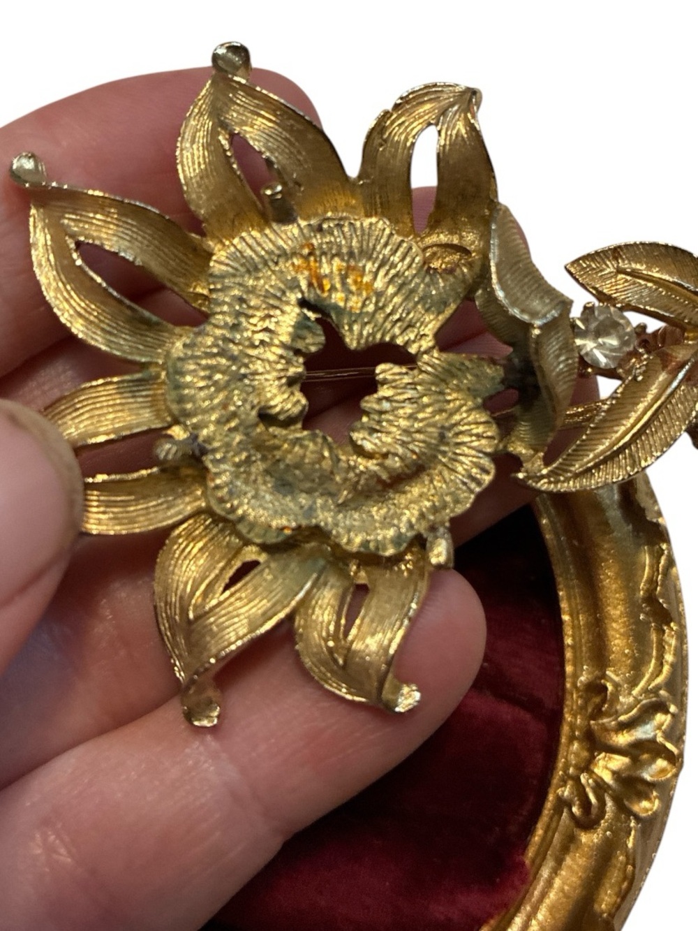 Vintage Coro Gold-Tone Floral Brooch with Rhinestone Accents - Picture 2 of 3